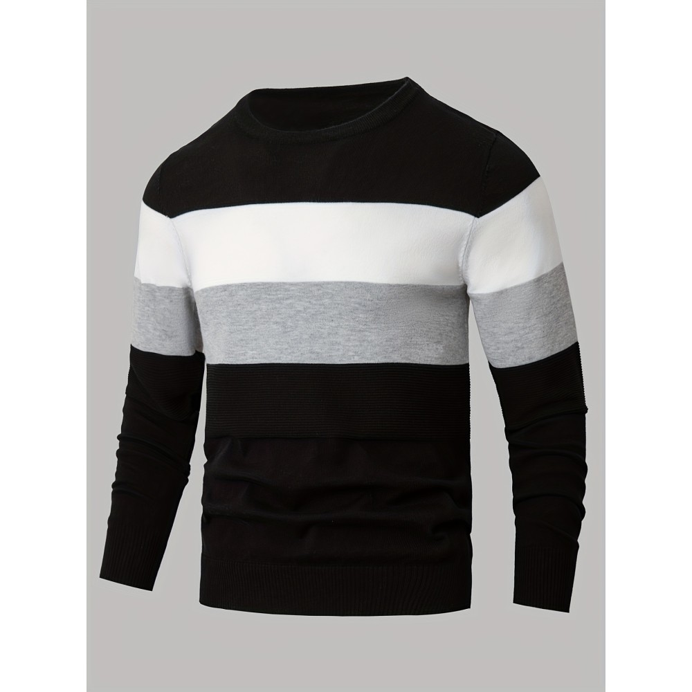 All Match Knitted Color Block Sweater, Men's Casual Warm Slightly Stretch Crew Neck Pullover Sweater For Men Fall Winter