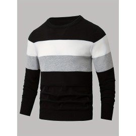 All Match Knitted Color Block Sweater, Men's Casual Warm Slightly Stretch Crew Neck Pullover Sweater For Men Fall Winter