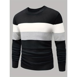 All Match Knitted Color Block Sweater, Men's Casual Warm Slightly Stretch Crew Neck Pullover Sweater For Men Fall Winter