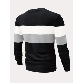 All Match Knitted Color Block Sweater, Men's Casual Warm Slightly Stretch Crew Neck Pullover Sweater For Men Fall Winter