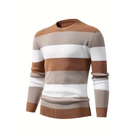 Men's Stylish Color Blocked Knitted Pullover - Casual Breathable Long Sleeve High Stretch Crew Neck Top