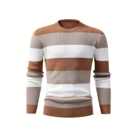 Men's Stylish Color Blocked Knitted Pullover - Casual Breathable Long Sleeve High Stretch Crew Neck Top