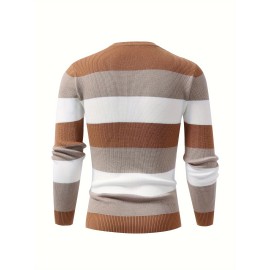 Men's Stylish Color Blocked Knitted Pullover - Casual Breathable Long Sleeve High Stretch Crew Neck Top