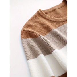 Men's Stylish Color Blocked Knitted Pullover - Casual Breathable Long Sleeve High Stretch Crew Neck Top