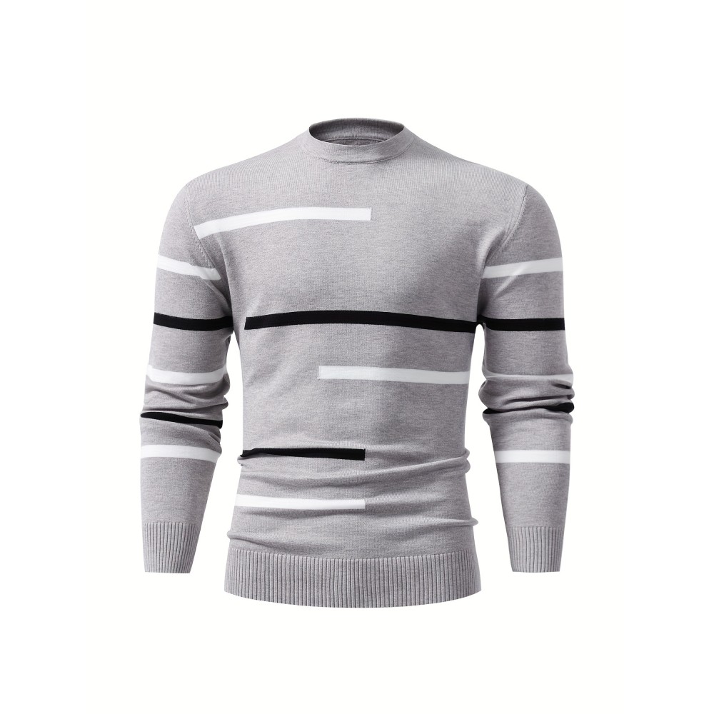 Men's Stylish Stripe Pattern Knitted Pullover - Casual Breathable Long Sleeve Crew Neck Top