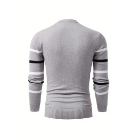 Men's Stylish Stripe Pattern Knitted Pullover - Casual Breathable Long Sleeve Crew Neck Top