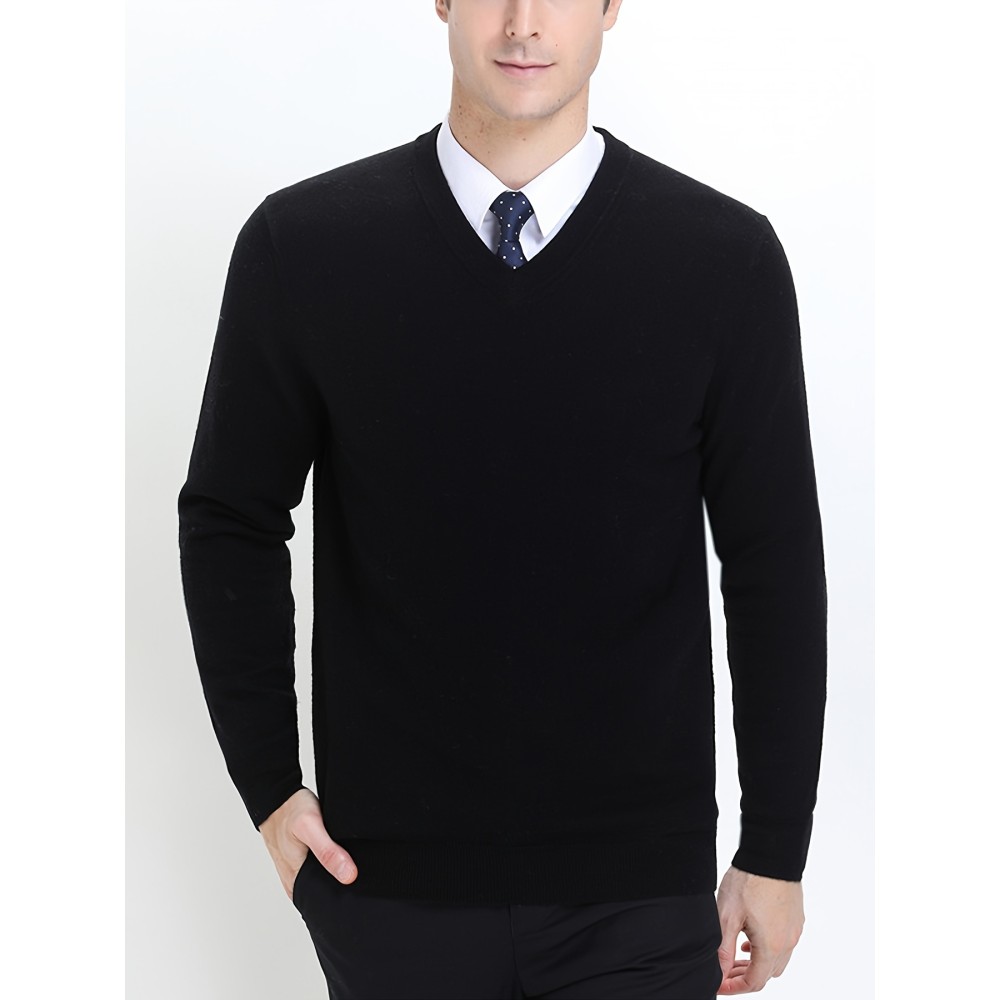 Men's High Stretch Solid Knit Long Sleeve V-Neck Sweater for Spring and Fall - Outdoor Top