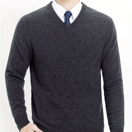 Men's High Stretch Solid Knit Long Sleeve V-Neck Sweater for Spring and Fall - Outdoor Top