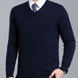 Men's High Stretch Solid Knit Long Sleeve V-Neck Sweater for Spring and Fall - Outdoor Top