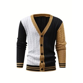 Men's Stylish Color Matching Knitted Pullover - Casual Breathable V Neck Button Up Top