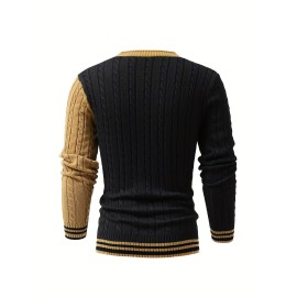 Men's Stylish Color Matching Knitted Pullover - Casual Breathable V Neck Button Up Top