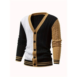 Men's Stylish Color Matching Knitted Pullover - Casual Breathable V Neck Button Up Top