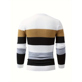 Men's Stylish Color Matching Knitted Pullover - Casual Breathable Long Sleeve Crew Neck Top