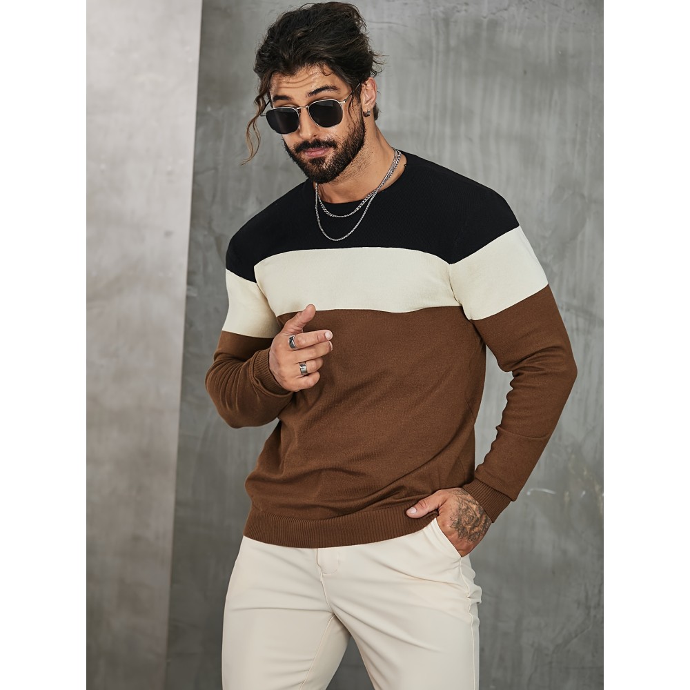 Men's Casual Color Block Knitted Sweater - Warm, High Stretch Crew Neck Pullover for Fall/Winter