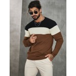 Men's Casual Color Block Knitted Sweater - Warm, High Stretch Crew Neck Pullover for Fall/Winter