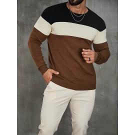 Men's Casual Color Block Knitted Sweater - Warm, High Stretch Crew Neck Pullover for Fall/Winter