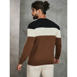 Men's Casual Color Block Knitted Sweater - Warm, High Stretch Crew Neck Pullover for Fall/Winter