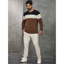 Men's Casual Color Block Knitted Sweater - Warm, High Stretch Crew Neck Pullover for Fall/Winter