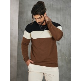 Men's Casual Color Block Knitted Sweater - Warm, High Stretch Crew Neck Pullover for Fall/Winter