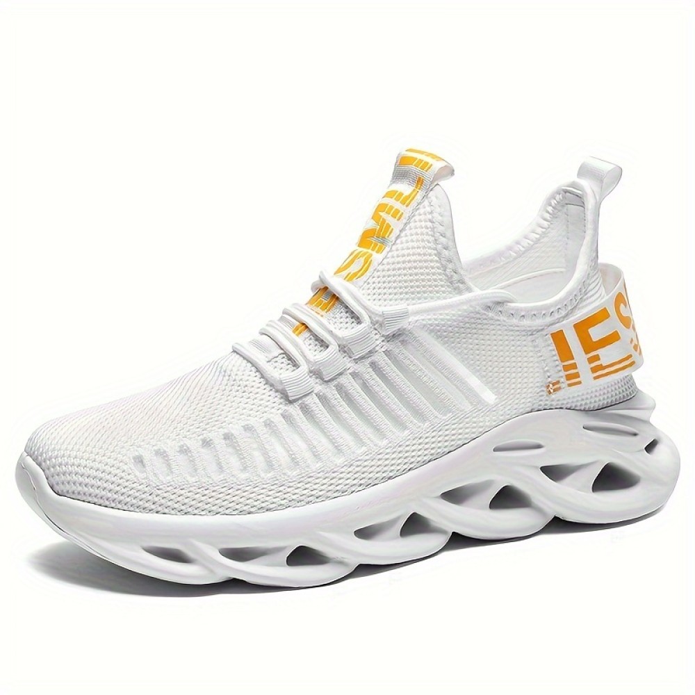 Men's Trendy Woven Knit Breathable Blade Type Sneakers, Comfy Non Slip Soft Sole Lace Up Shoes For Men's Outdoor Activities