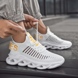 Men's Trendy Woven Knit Breathable Blade Type Sneakers, Comfy Non Slip Soft Sole Lace Up Shoes For Men's Outdoor Activities