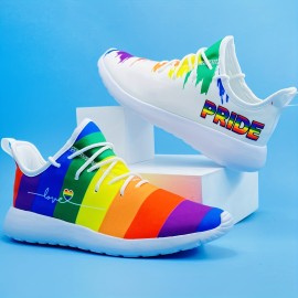 Men's Rainbow Color Pattern Lace-up Sneakers - Athletic Shoes - Lightweight And Breathable, LGBTQ+pride Month For Halloween