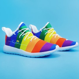 Men's Rainbow Color Pattern Lace-up Sneakers - Athletic Shoes - Lightweight And Breathable, LGBTQ+pride Month For Halloween