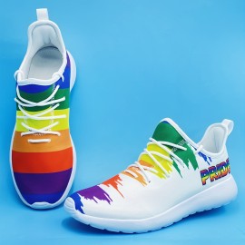 Men's Rainbow Color Pattern Lace-up Sneakers - Athletic Shoes - Lightweight And Breathable, LGBTQ+pride Month For Halloween