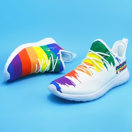 Men's Rainbow Color Pattern Lace-up Sneakers - Athletic Shoes - Lightweight And Breathable, LGBTQ+pride Month For Halloween