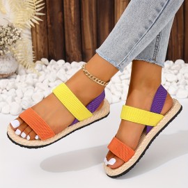 Women's Colorblock Flat Sandals - Comfortable Open Toe Slip On Summer Shoes with Elastic Strap and Imitation Espadrille Sole