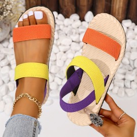 Women's Colorblock Flat Sandals - Comfortable Open Toe Slip On Summer Shoes with Elastic Strap and Imitation Espadrille Sole