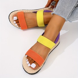 Women's Colorblock Flat Sandals - Comfortable Open Toe Slip On Summer Shoes with Elastic Strap and Imitation Espadrille Sole