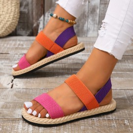 Women's Colorblock Flat Sandals - Comfortable Open Toe Slip On Summer Shoes with Elastic Strap and Imitation Espadrille Sole