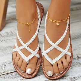 Women's White Braided Flat Sandals - Comfortable Elastic Band Clip Toe Beach Shoes