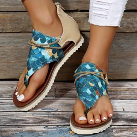 Retro Printed Flat Thong Sandals for Women - Non Slip, Back Zipper, Outdoor Beach Shoes