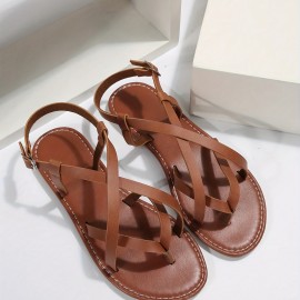 Women's Casual Beach Sandals with Cross Strap and Buckle - Comfortable Flat Open Toe Shoes