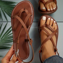 Women's Casual Beach Sandals with Cross Strap and Buckle - Comfortable Flat Open Toe Shoes