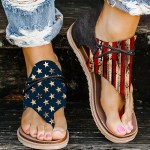 Women's Flag Pattern Flat Thong Sandals - Retro Back Zipper Design - Perfect for 4th of July Celebrations