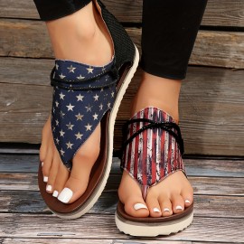 Women's Flag Pattern Flat Thong Sandals - Retro Back Zipper Design - Perfect for 4th of July Celebrations