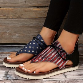 Women's Flag Pattern Flat Thong Sandals - Retro Back Zipper Design - Perfect for 4th of July Celebrations