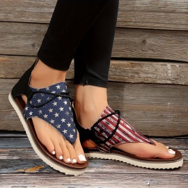 Women's Flag Pattern Flat Thong Sandals - Retro Back Zipper Design - Perfect for 4th of July Celebrations