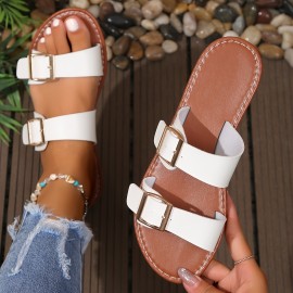 Women's Double Buckle Strap Slide Sandals - Lightweight Casual Summer Beach Shoes