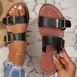 Women's Double Buckle Strap Slide Sandals - Lightweight Casual Summer Beach Shoes