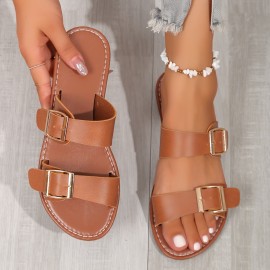 Women's Double Buckle Strap Slide Sandals - Lightweight Casual Summer Beach Shoes