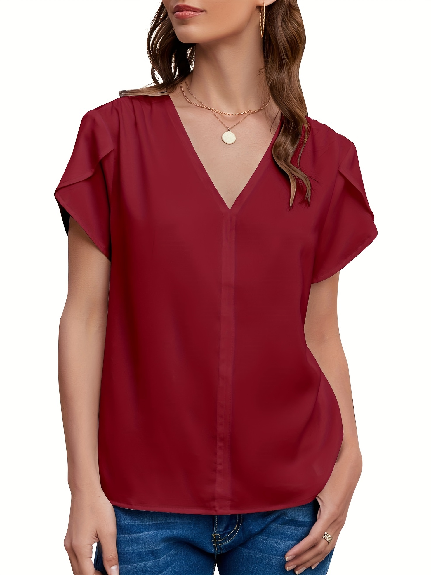 solid color v neck blouse vacation short sleeve blouse for spring summer womens clothing details 1