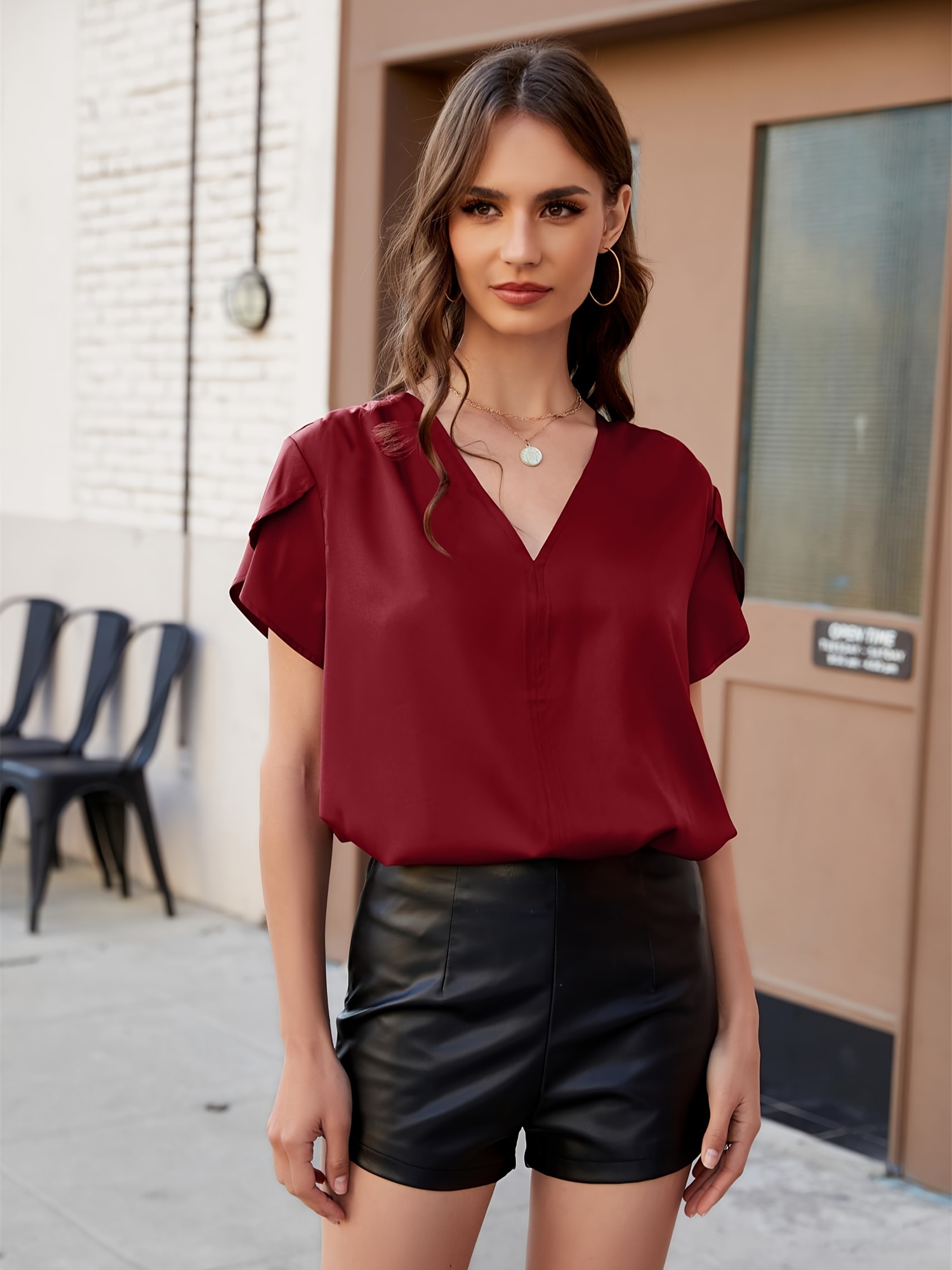 solid color v neck blouse vacation short sleeve blouse for spring summer womens clothing details 2