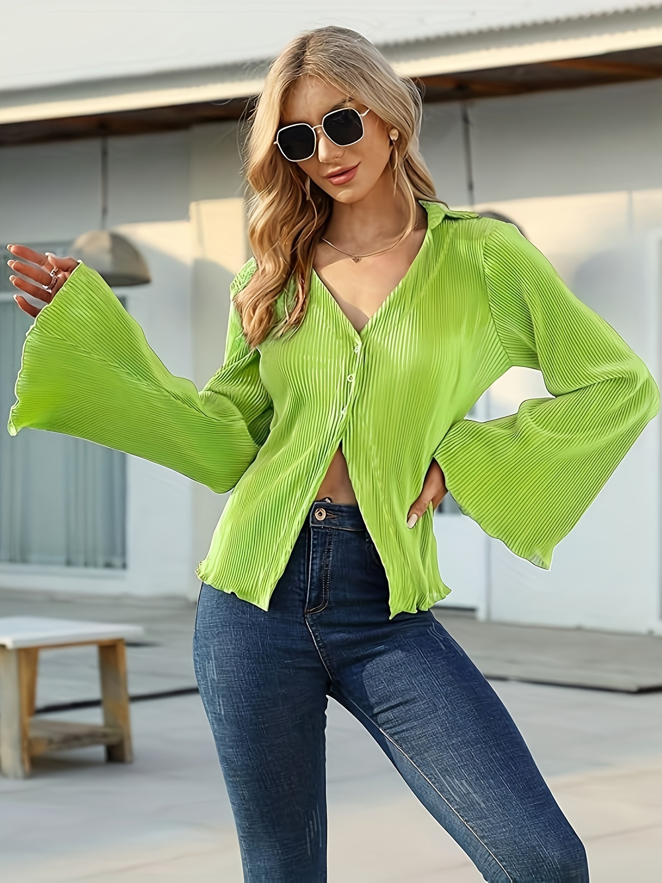 solid color button front blouse elegant v neck flare sleeve blouse for spring fall womens clothing details 2