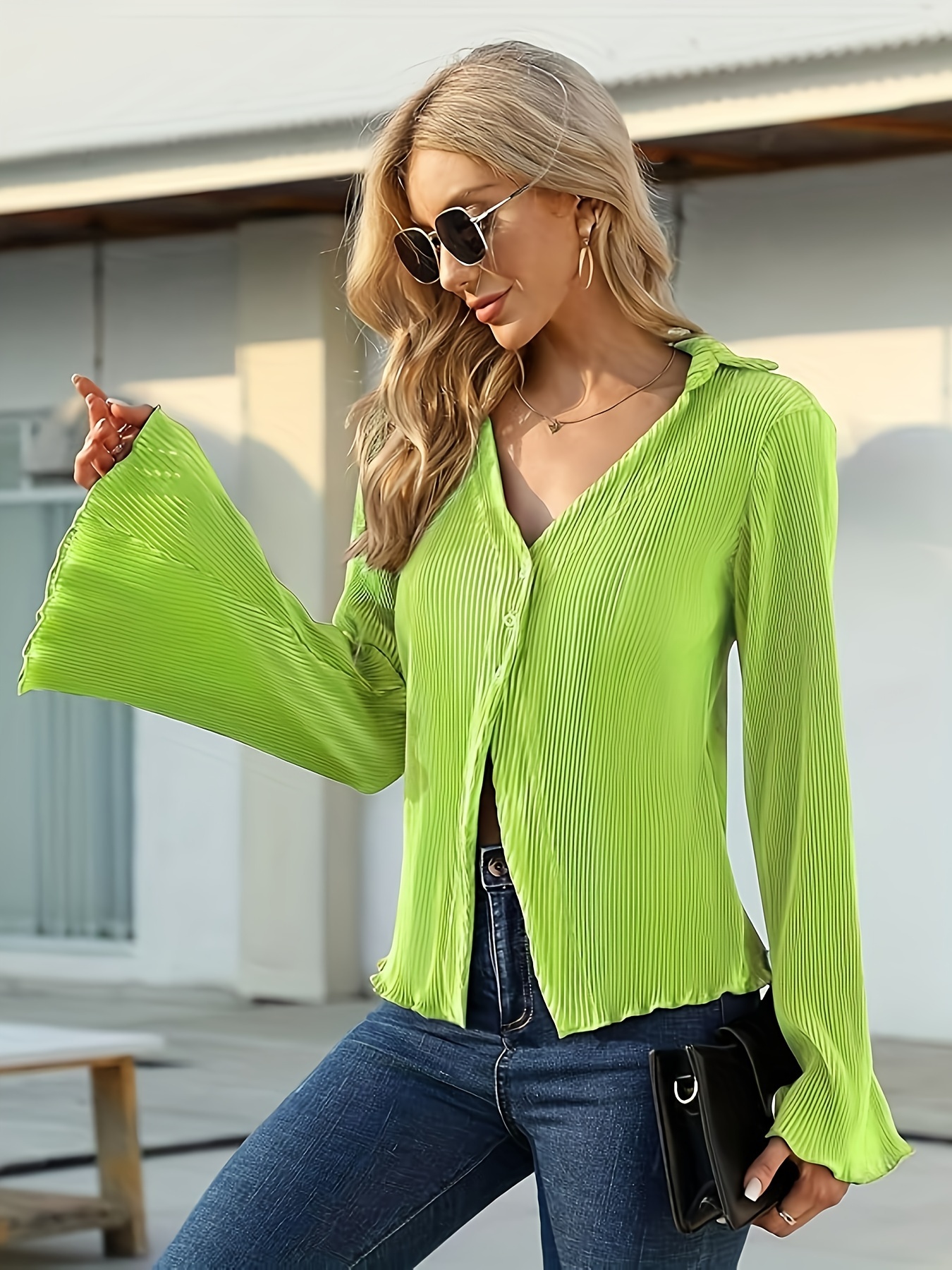 solid color button front blouse elegant v neck flare sleeve blouse for spring fall womens clothing details 3