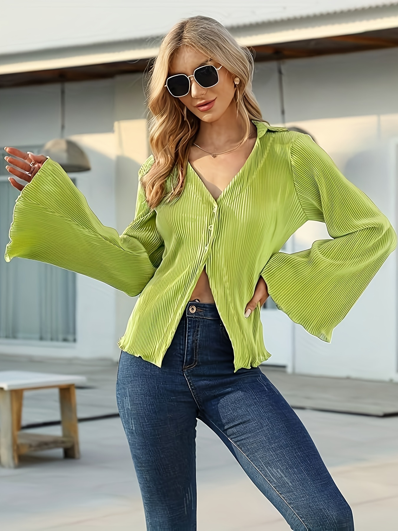 solid color button front blouse elegant v neck flare sleeve blouse for spring fall womens clothing details 7