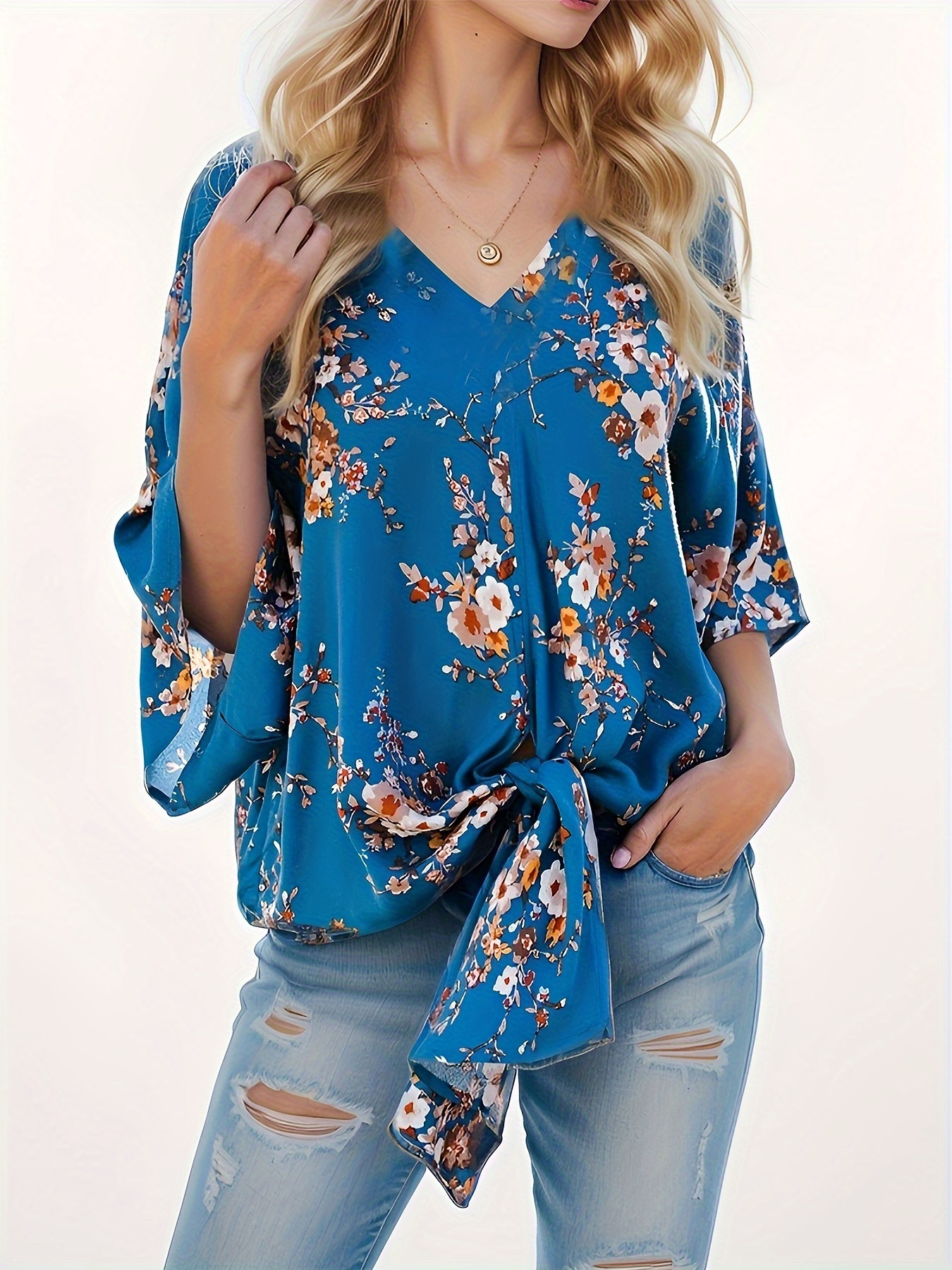 floral print lace up loose blouse elegant 3 4 butterfly sleeve v neck blouse womens clothing details 1